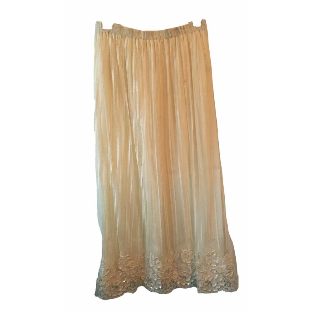 Vtg Yellow Stripe Lace Mesh Tulle Sheer Floral Applique Sequin Midi Maxi Skirt M